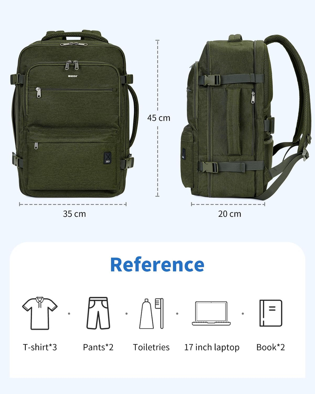 WANDF Travel Backpack For Spirit Airlines Personal Item Bag 18x14x8 with Wet Pocket, 17 Inch Laptop Backpack for Men Women（Dark Green）