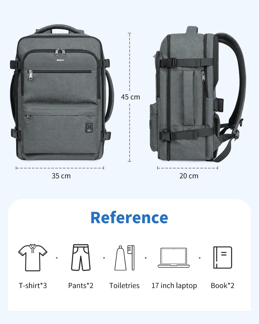 WANDF Travel Backpack For Spirit Airlines Personal Item Bag 18x14x8 with Wet Pocket, 17 Inch Laptop Backpack for Men Women（Grey）