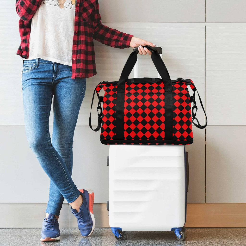 Waterproof Sports Gym Bag Buffalo Plaid diamonding Red Black Trendy Travel Weekender Gear Bag with Adjustable Strap for Airplane Traveling