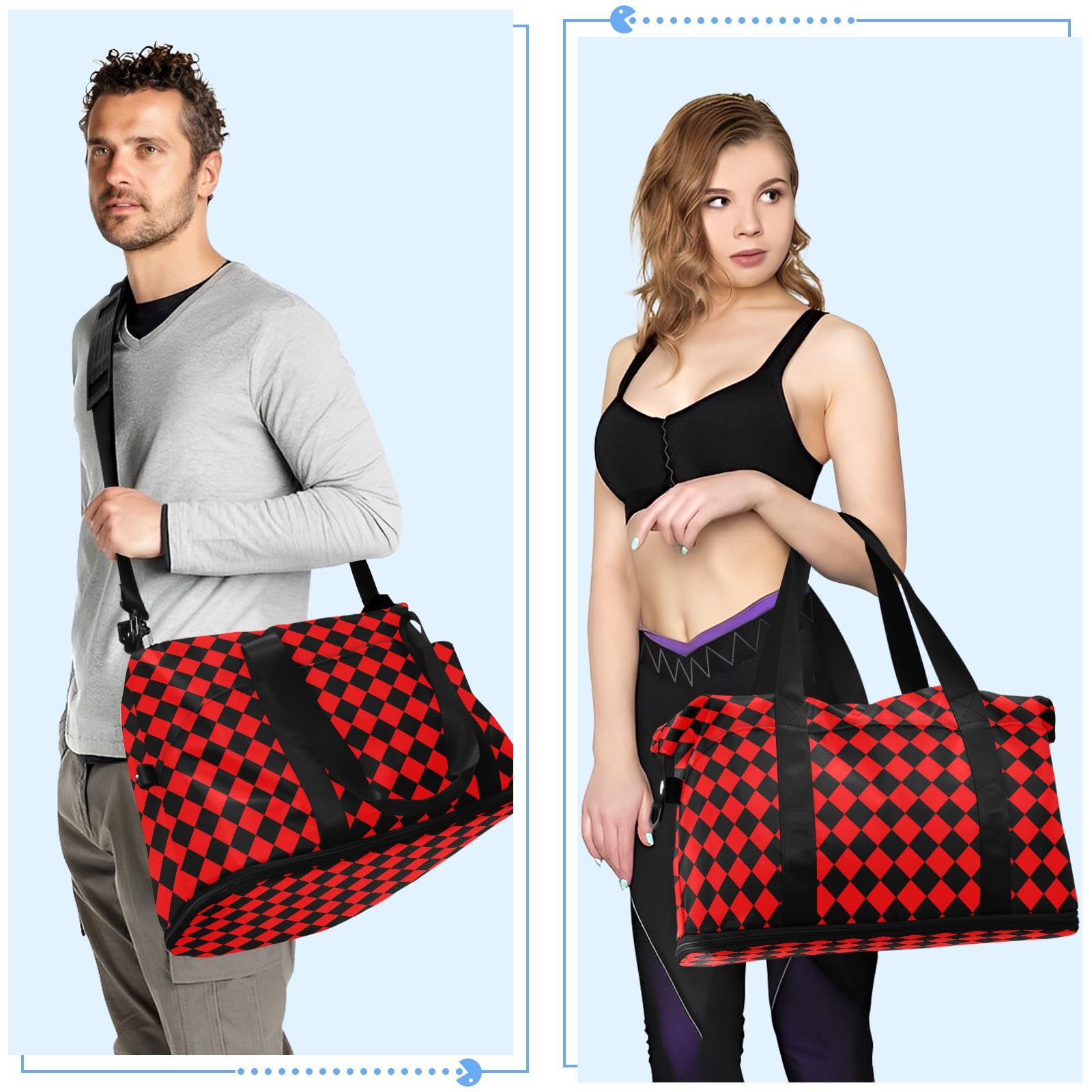 Waterproof Sports Gym Bag Buffalo Plaid diamonding Red Black Trendy Travel Weekender Gear Bag with Adjustable Strap for Airplane Traveling