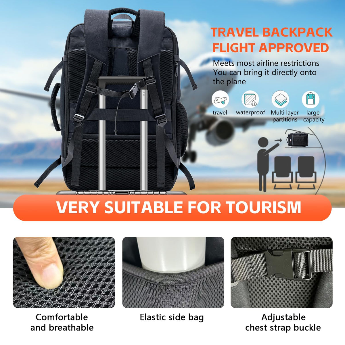WeiTrust Travel Laptop Backpack, 50 - 60L Large Expandable Suitcase - Style Backpack for Business & Daily Travel, Carry - On Friendly with Side Water Bottle Pockets, Fits 18 - Inch Laptops