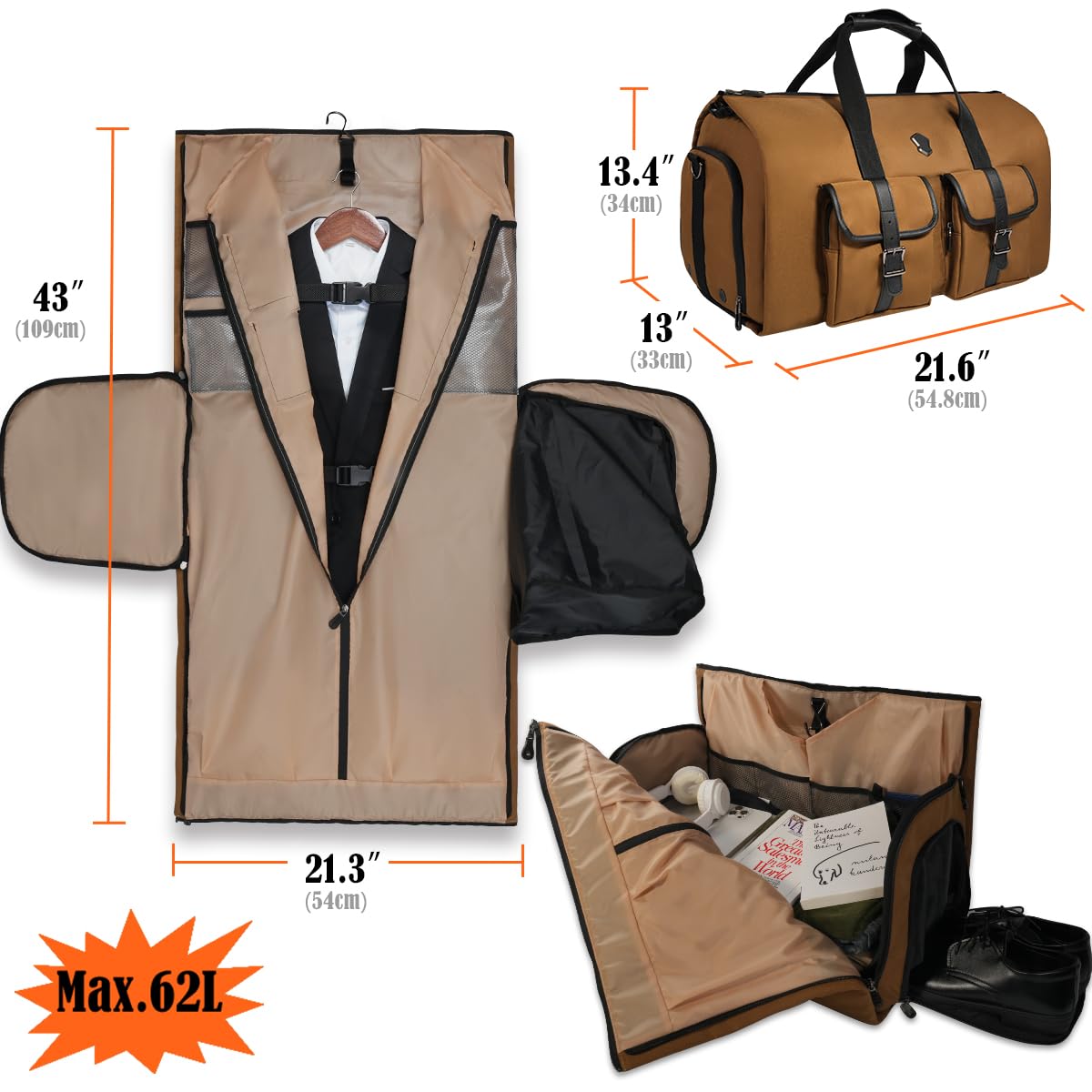 WELKINLAND 48H Garment Duffle Bags For Travel,10 - Pockets Carry On Garment Bag, 3 Suit Travel Bags, 62L 2 - In - 1 Garment Duffel Bag, Convertible Garment bag, Boardable Garment Bag