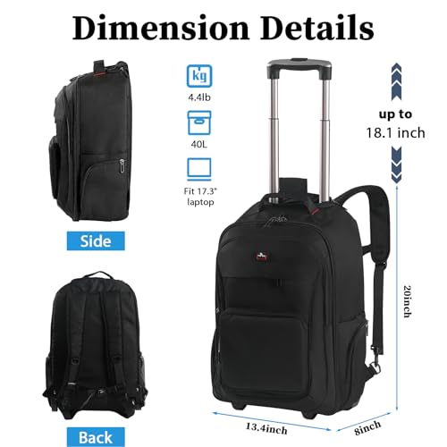 WIRABO 17.3 Inch Rolling Backpack for Adults, 40L Water Resistant Laptop Backpack with Wheels, Flight Approved Carry on Luggage for Business Travel, Roller Bag for Men Women College, Black