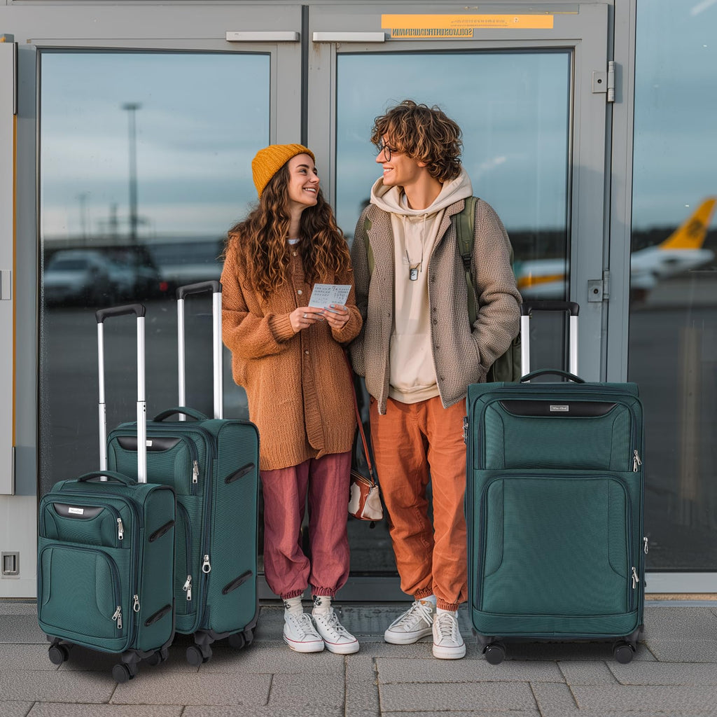 WireHot 3 - Piece Softside Expandable Luggage Set with Front Open Pocket, Lightweight and Durable Oxford Fabric Suitcase Set with TSA Lock (Dark Green, 20in/24in/28in)
