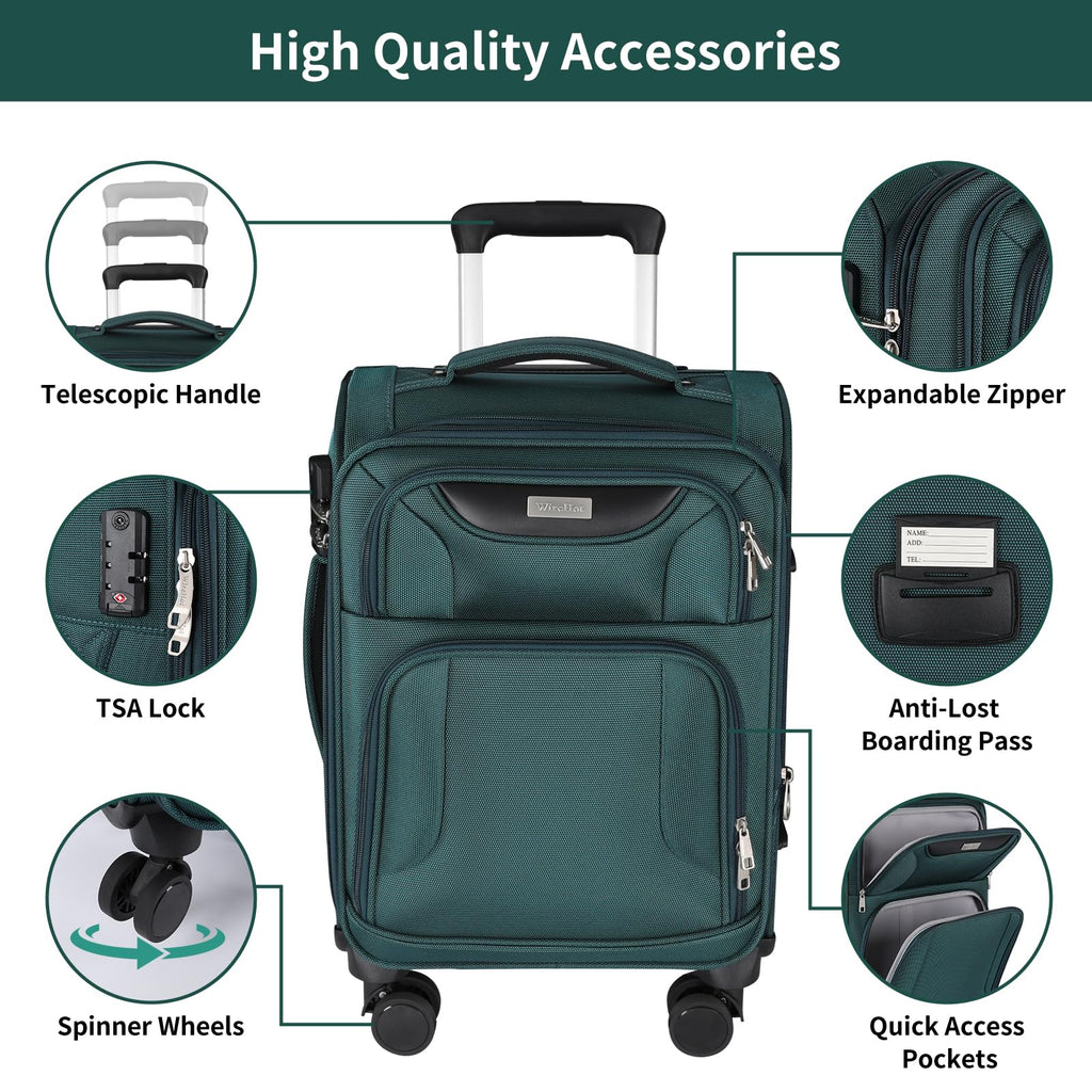 WireHot 3 - Piece Softside Expandable Luggage Set with Front Open Pocket, Lightweight and Durable Oxford Fabric Suitcase Set with TSA Lock (Dark Green, 20in/24in/28in)