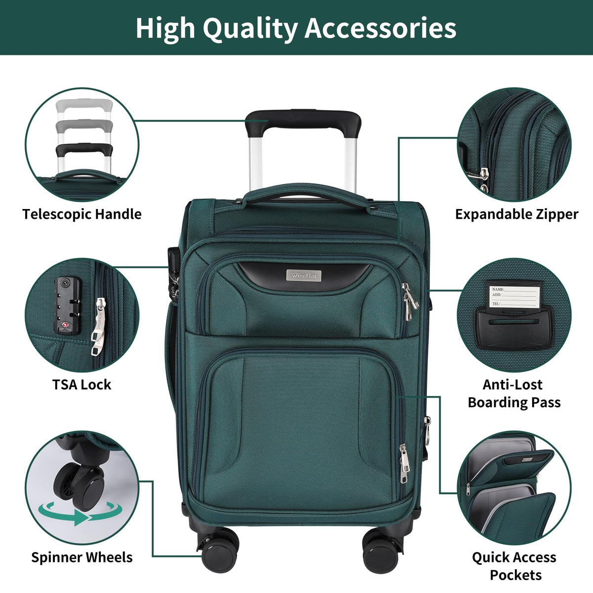 WireHot 3 - Piece Softside Expandable Luggage Set with Front Open Pocket, Lightweight and Durable Oxford Fabric Suitcase Set with TSA Lock (Dark Green, 20in/24in/28in)