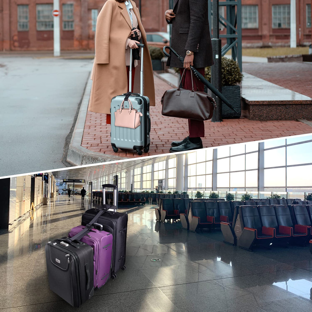 Wisdompro 2 Pcs Add a Bag Luggage Strap, Heavy Duty Adjustable Suitcase Belt Travel Attachment Travel Accessories for Connecting Your Luggage Together - Black (T - Type and Normal)