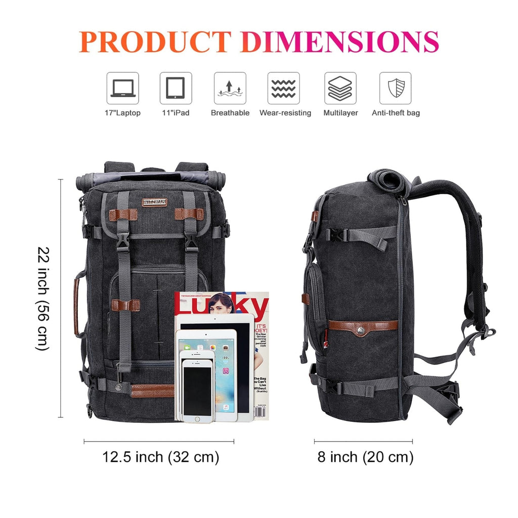 WITZMAN Canvas Backpack Vintage Travel Backpack Large Laptop Bags Convertible Shoulder Rucksack(A519 - 1 Black)