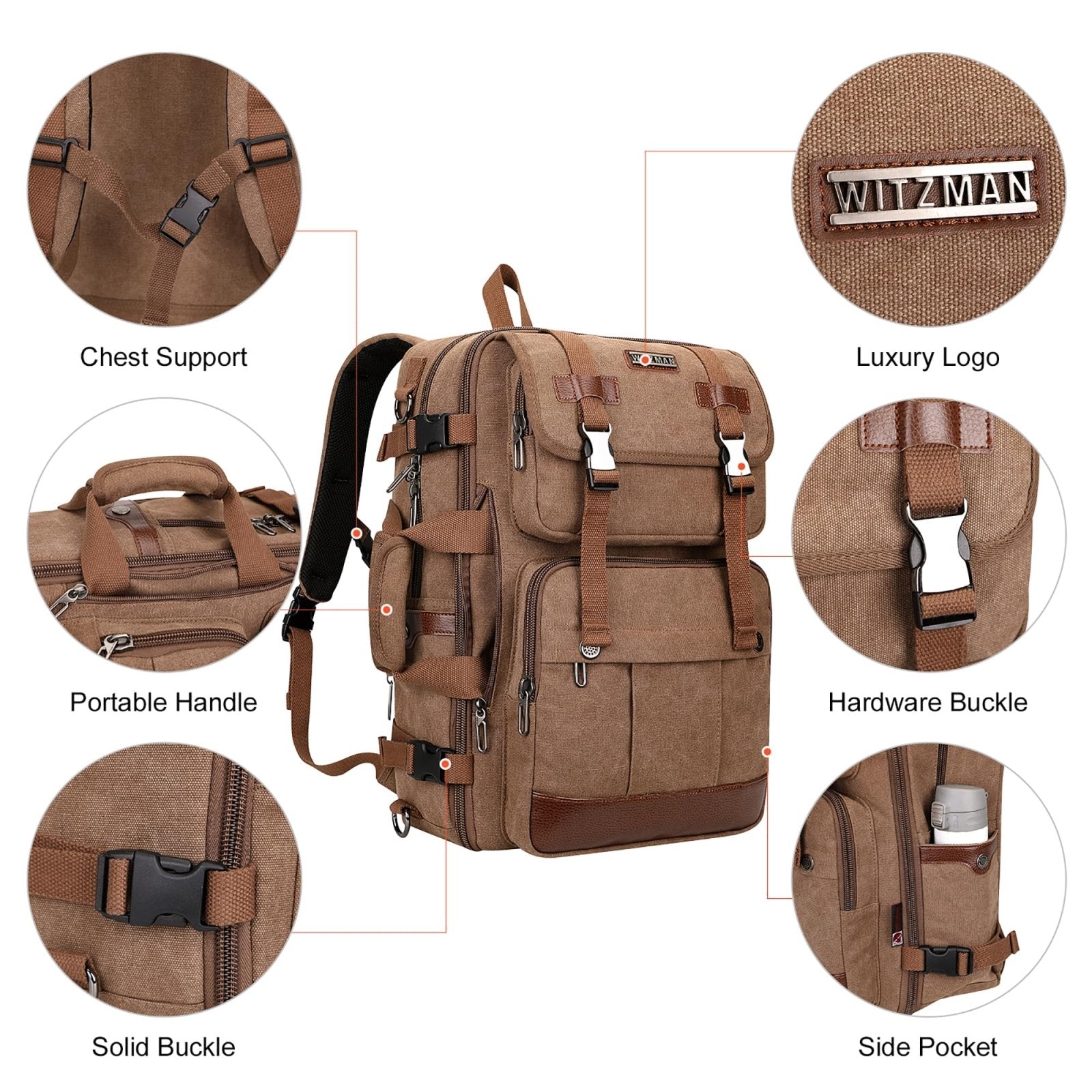 WITZMAN Canvas Travel Backpack for Men Large Laptop Backpack Fit 16 inch Carry - on Airline Approved Convertible Shoulder Rucksack(A6617 - 3 Brown)
