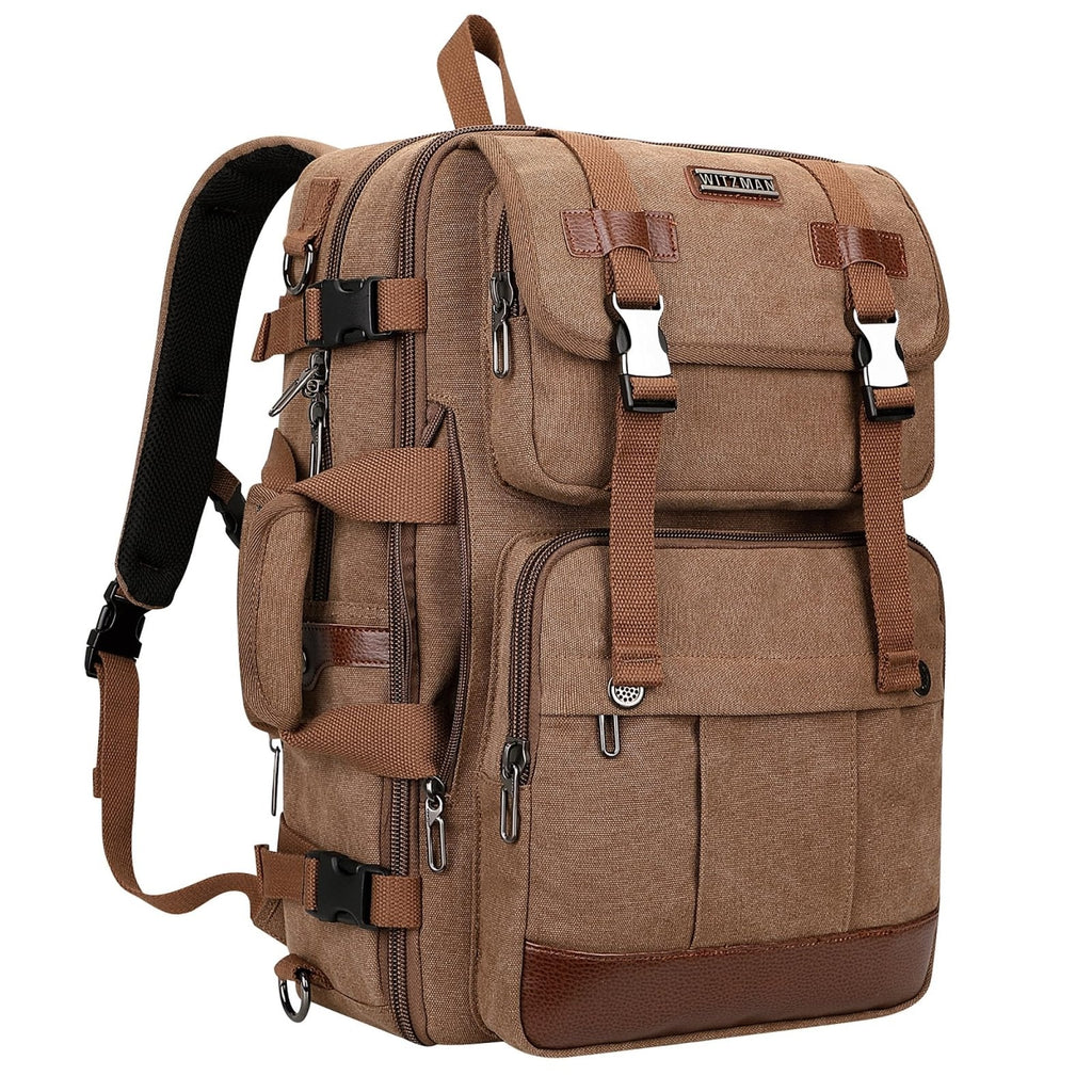WITZMAN Canvas Travel Backpack for Men Large Laptop Backpack Fit 16 inch Carry-on Airline Approved Convertible Shoulder Rucksack(A6617-3 Brown)