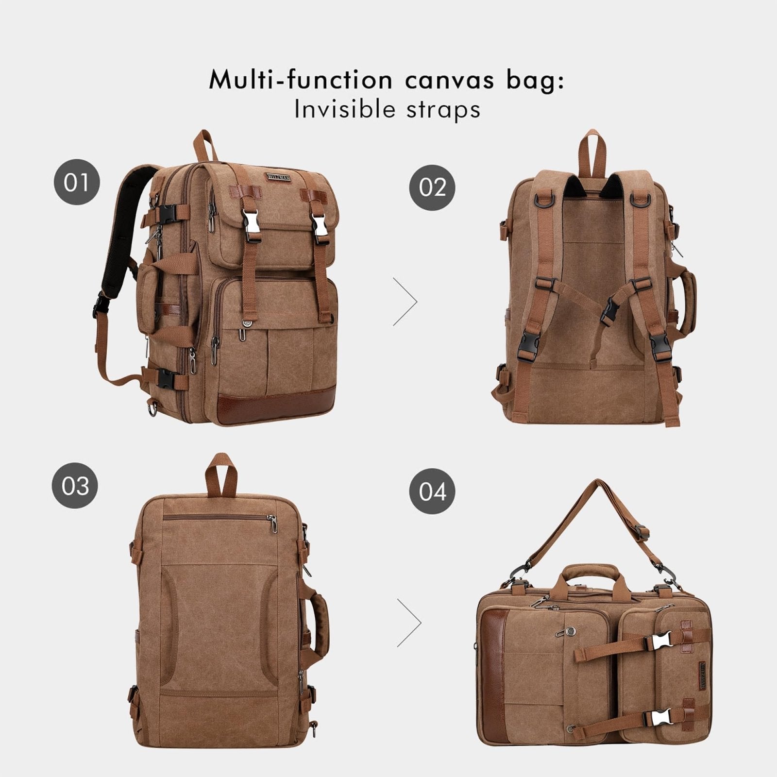 WITZMAN Canvas Travel Backpack for Men Large Laptop Backpack Fit 16 inch Carry - on Airline Approved Convertible Shoulder Rucksack(A6617 - 3 Brown)