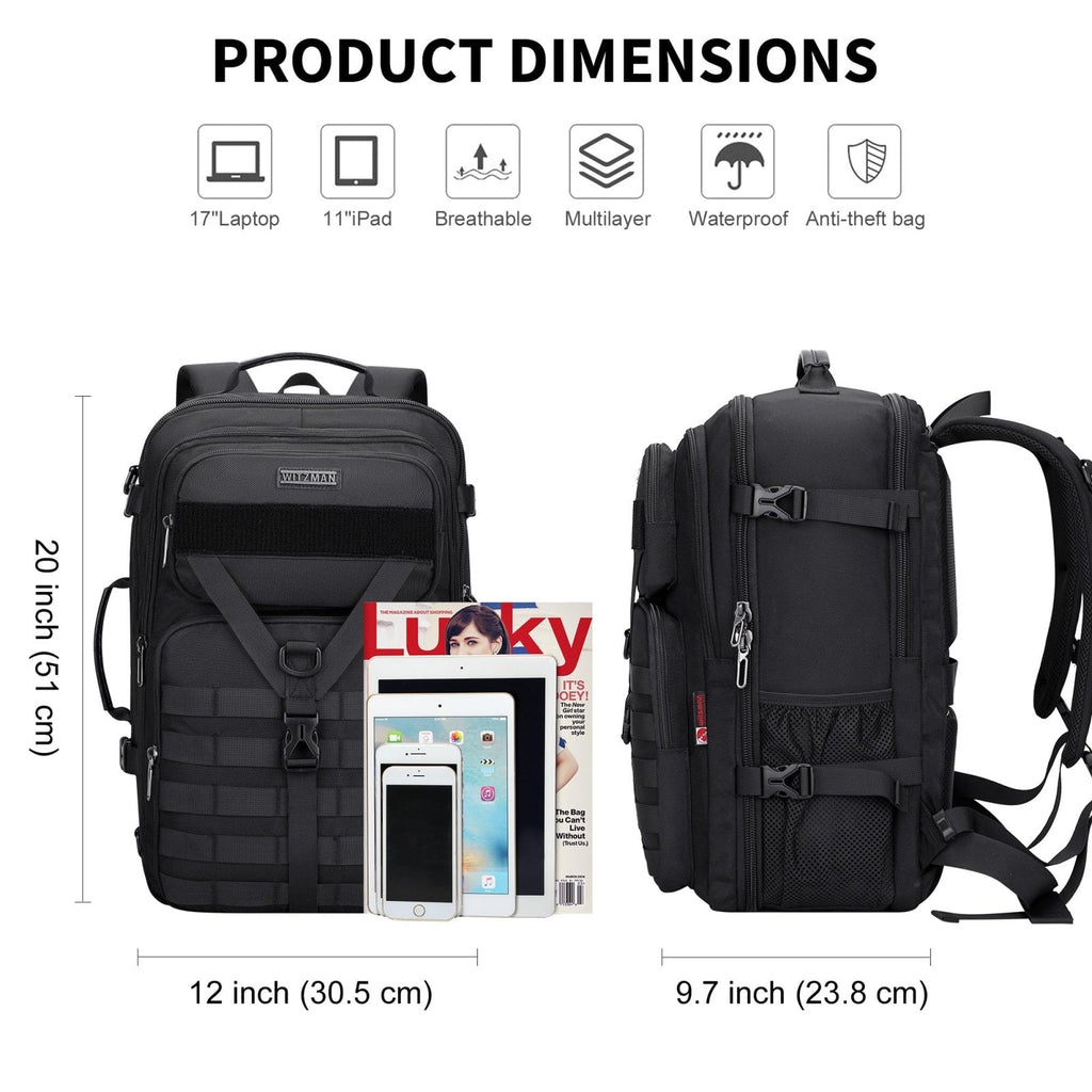 WITZMAN Carry On Travel Backpack for Men Large Convertible 45L Fit 17 Inch Laptop Backpack 3 in 1 Bag for Airline Approved(B688 Black)