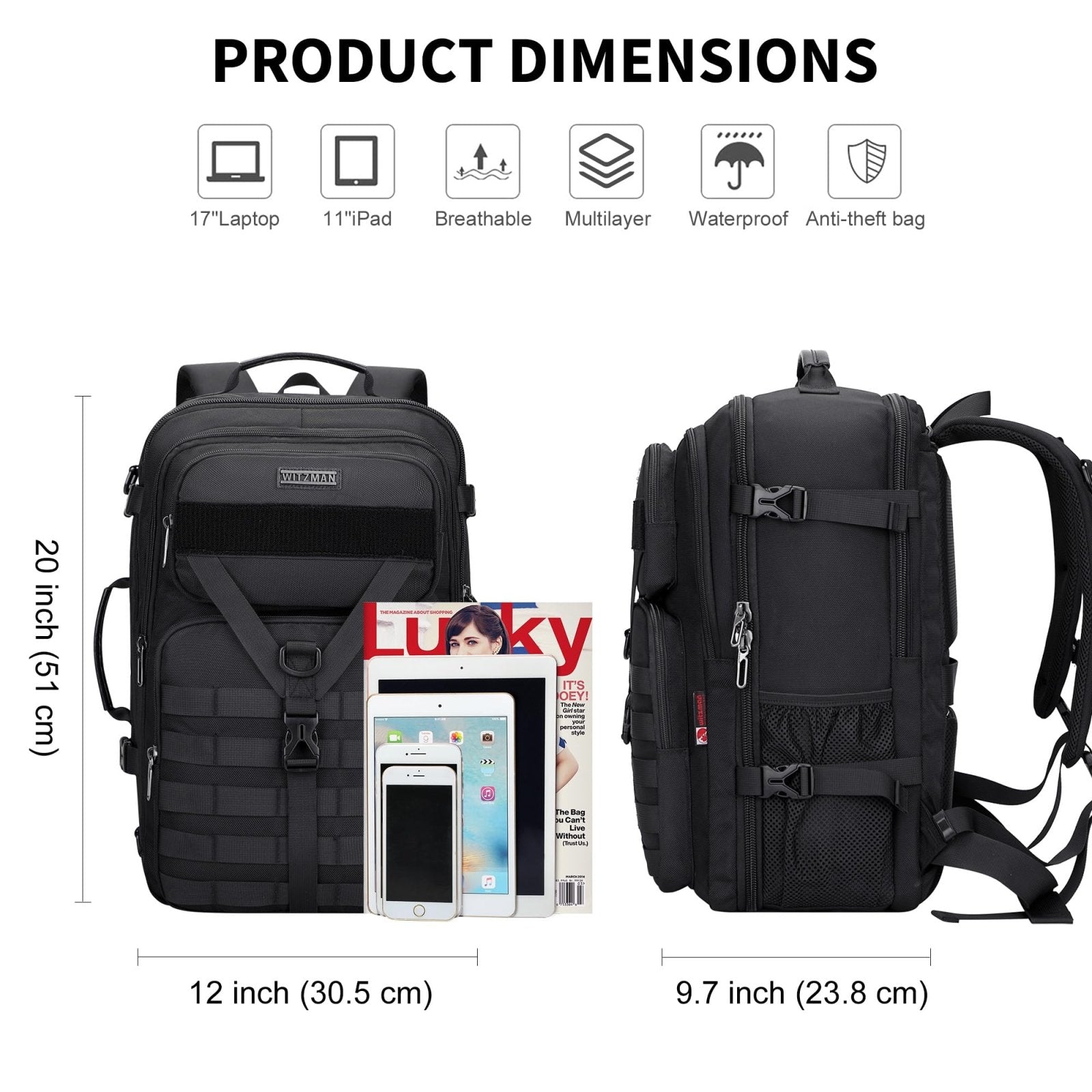 WITZMAN Carry On Travel Backpack for Men Large Convertible 45L Fit 17 Inch Laptop Backpack 3 in 1 Bag for Airline Approved(B688 Black)