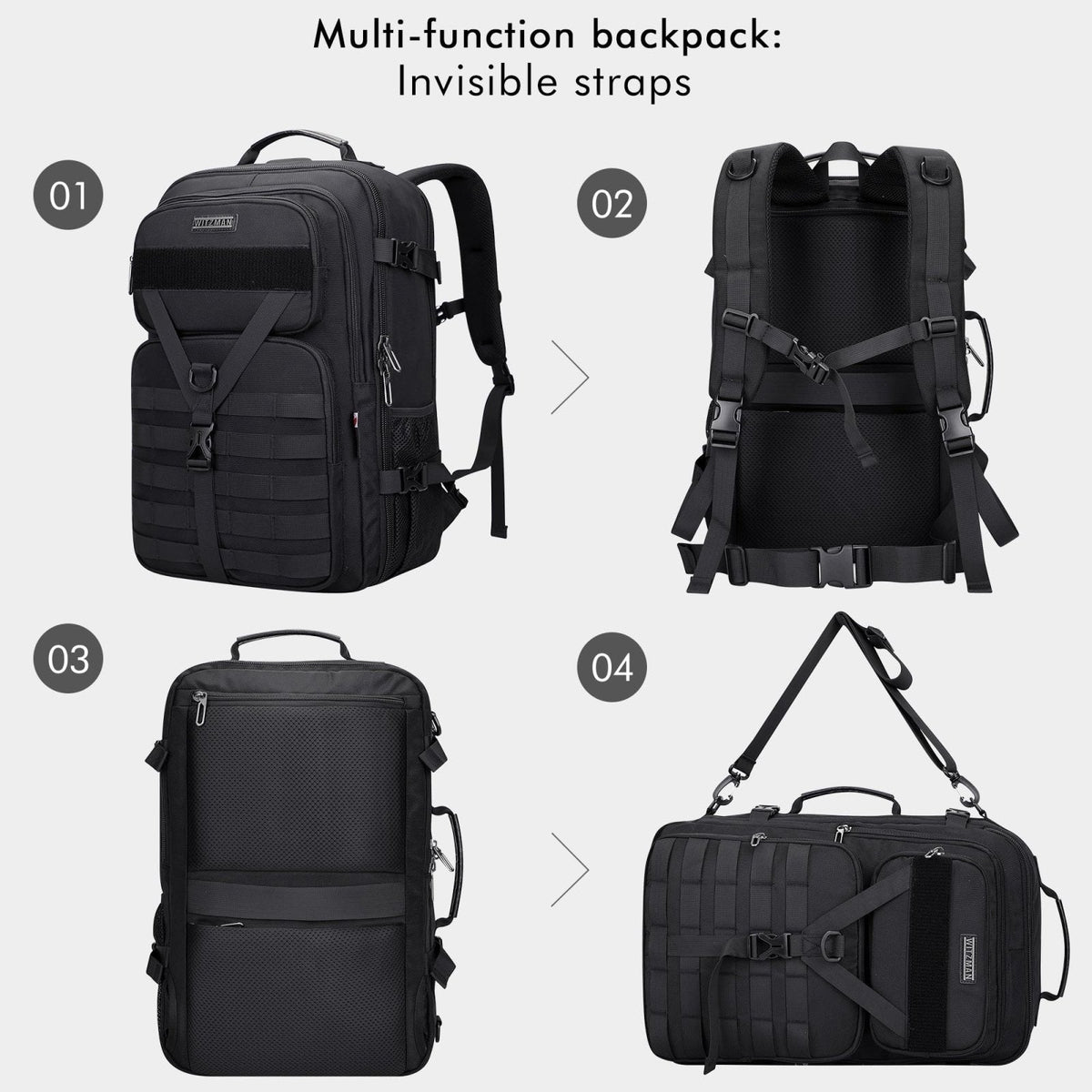 WITZMAN Carry On Travel Backpack for Men Large Convertible 45L Fit 17 Inch Laptop Backpack 3 in 1 Bag for Airline Approved(B688 Black)