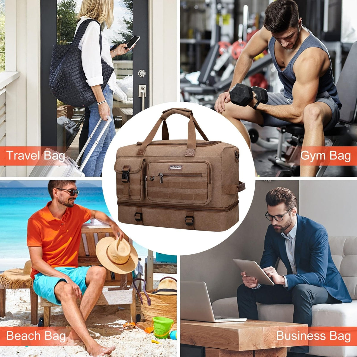 WITZMAN Duffle Bag for Men 50L Canvas Weekender Overnight Bag with Toiletry Bag Sets Travel Duffel Bag Shoes Compartment（A8010/2 Brown）