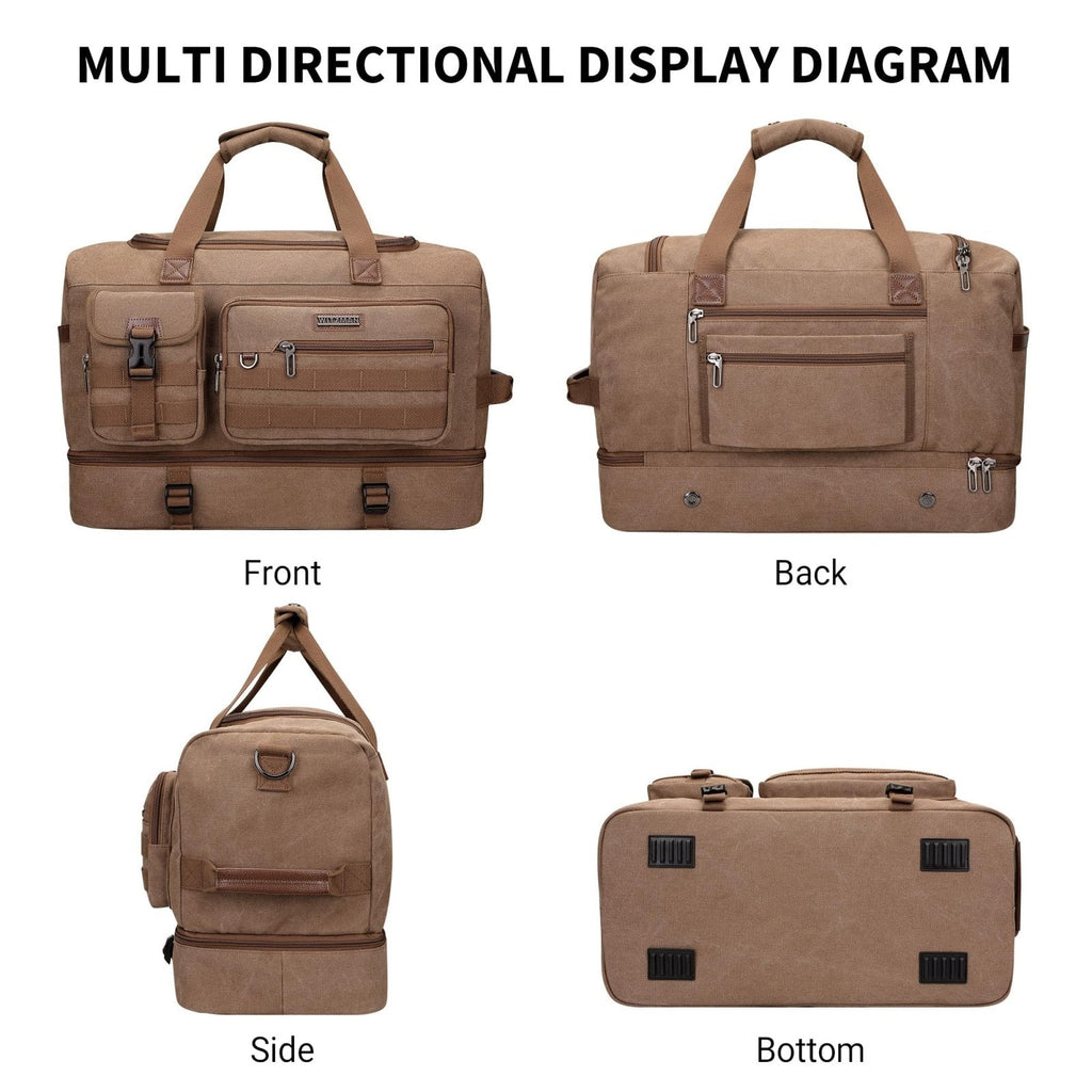 WITZMAN Duffle Bag for Men 50L Canvas Weekender Overnight Bag with Toiletry Bag Sets Travel Duffel Bag Shoes Compartment（A8010/2 Brown）