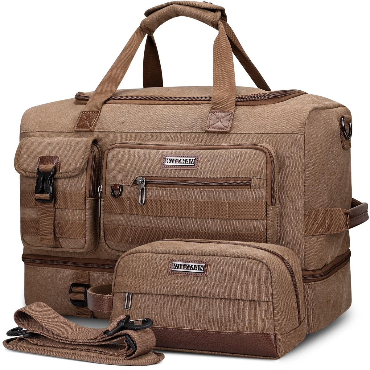 WITZMAN Duffle Bag for Men 50L Canvas Weekender Overnight Bag with Toiletry Bag Sets Travel Duffel Bag Shoes Compartment（A8010/2 Brown）
