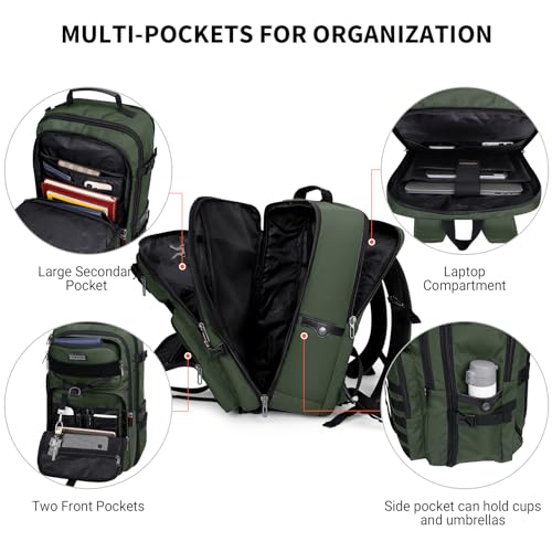 WITZMAN Men's Large 45L Convertible Travel Backpack with 17 Inch Laptop Compartment and Toiletry Bag, Green, 12.6 x 20.5 x 10.63 inches