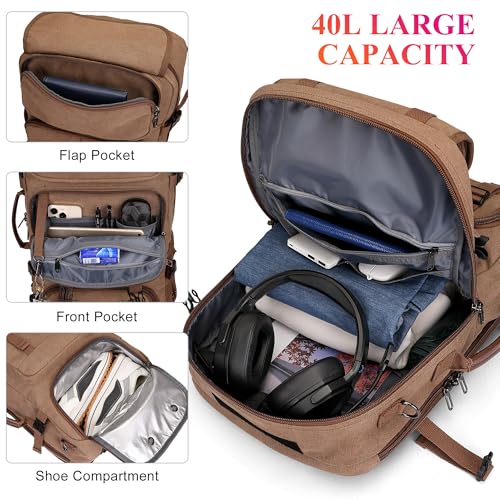 WITZMAN Travel Backpack for Men 40L Large Carry-on Airline Approved Convertible 3 in 1 laptop Bags Fit 16 inch(A8013 Brown)