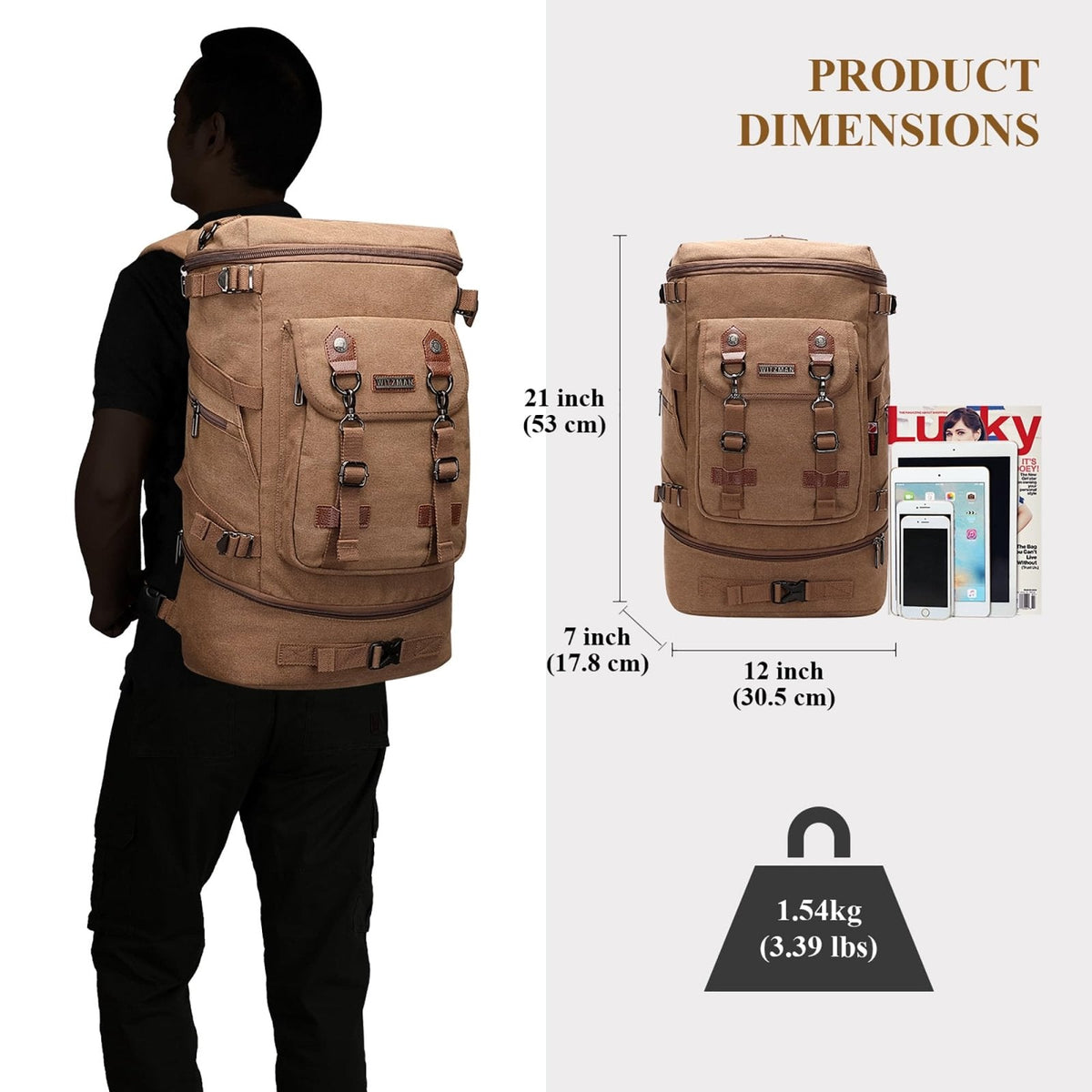 WITZMAN Travel Backpack for Men Women Canvas Backpack Carry on Luggage Rucksack Convertible Duffel Bag Large (A568 Brown)