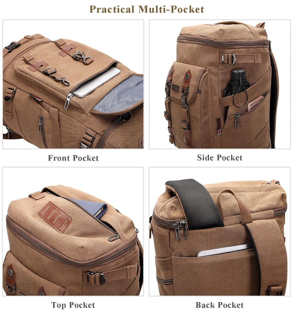 WITZMAN Travel Backpack for Men Women Canvas Backpack Carry on Luggage Rucksack Convertible Duffel Bag Large (A568 Brown)
