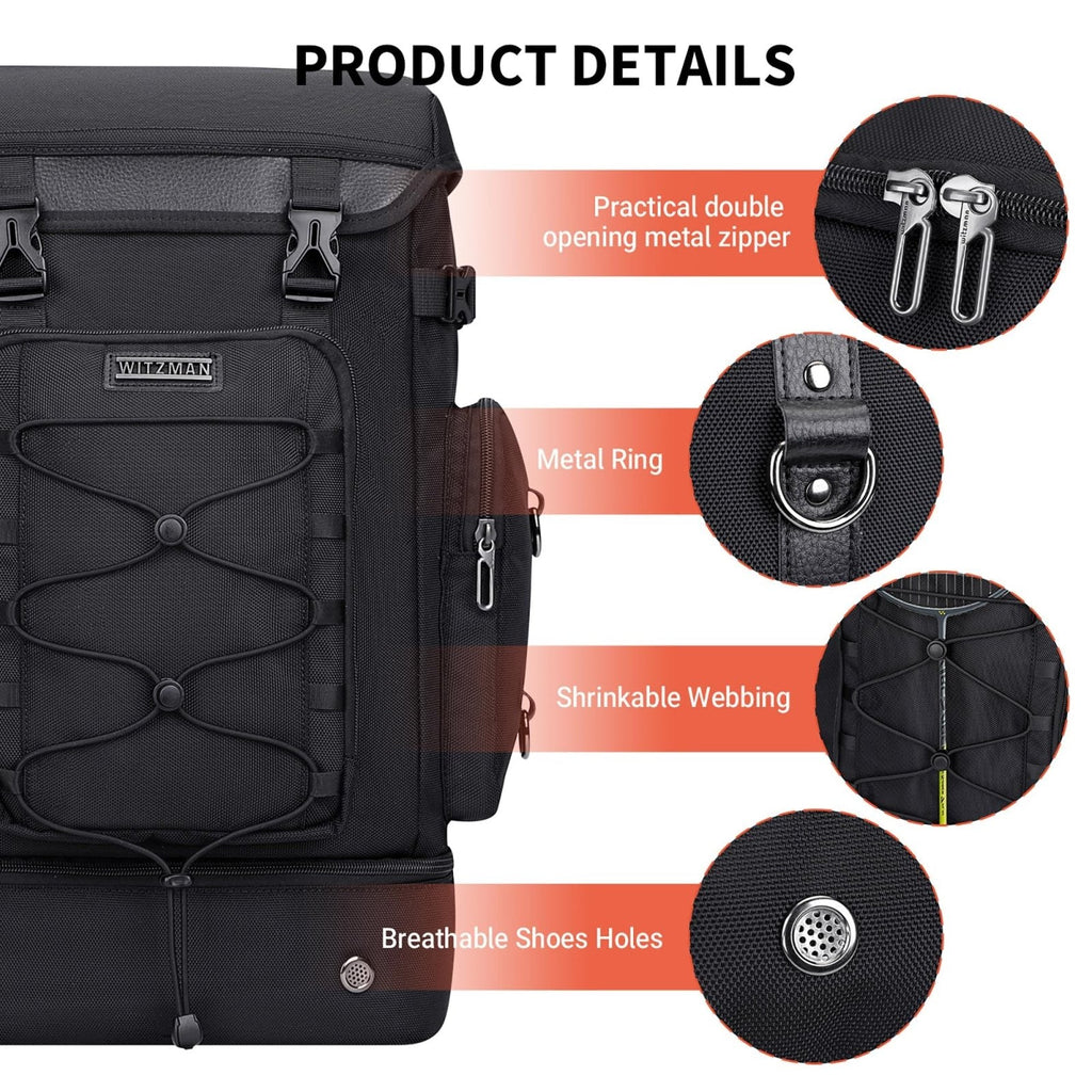 WITZMAN Travel Backpack for Men Women Carry on Bags for Airline Approved Convertible Duffle Luggage Backpack Shoe Compartment (B691 Classic Black)