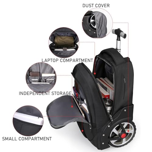 WMHYLYH Rolling Backpack with Wheels, Waterproof Backpack with Large Wheels for Business and Travel Commuter, Carry on Backpack with Laptop Compartment for Women and Men Adult (Black, 20inch)