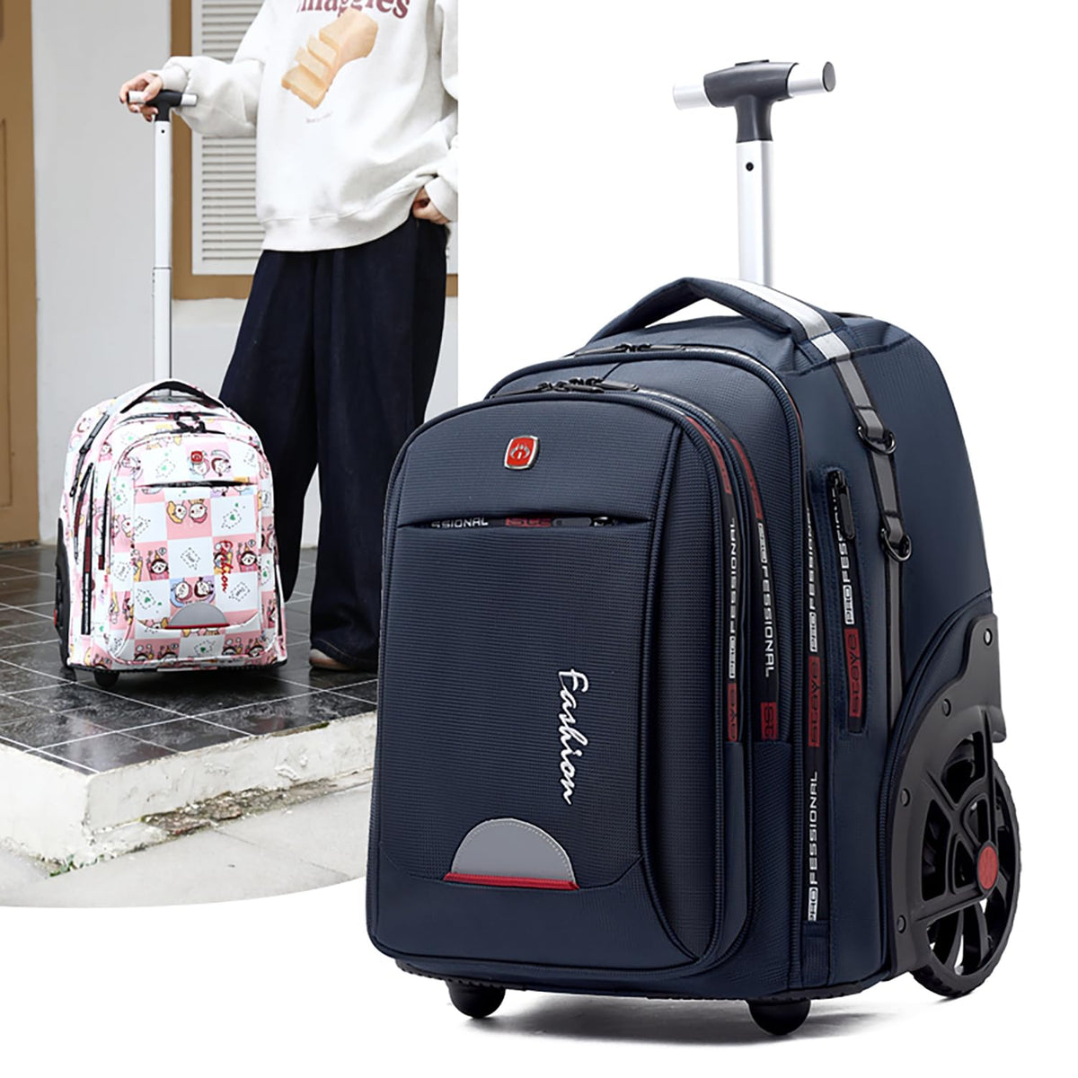 WMHYLYH Waterproof Rolling Backpack for Women and Men, Laptop Backpack with Wheels for Adults, Carry on Backpack with Large Wheels for Travel and Business Commuter (Blue, 22inch)