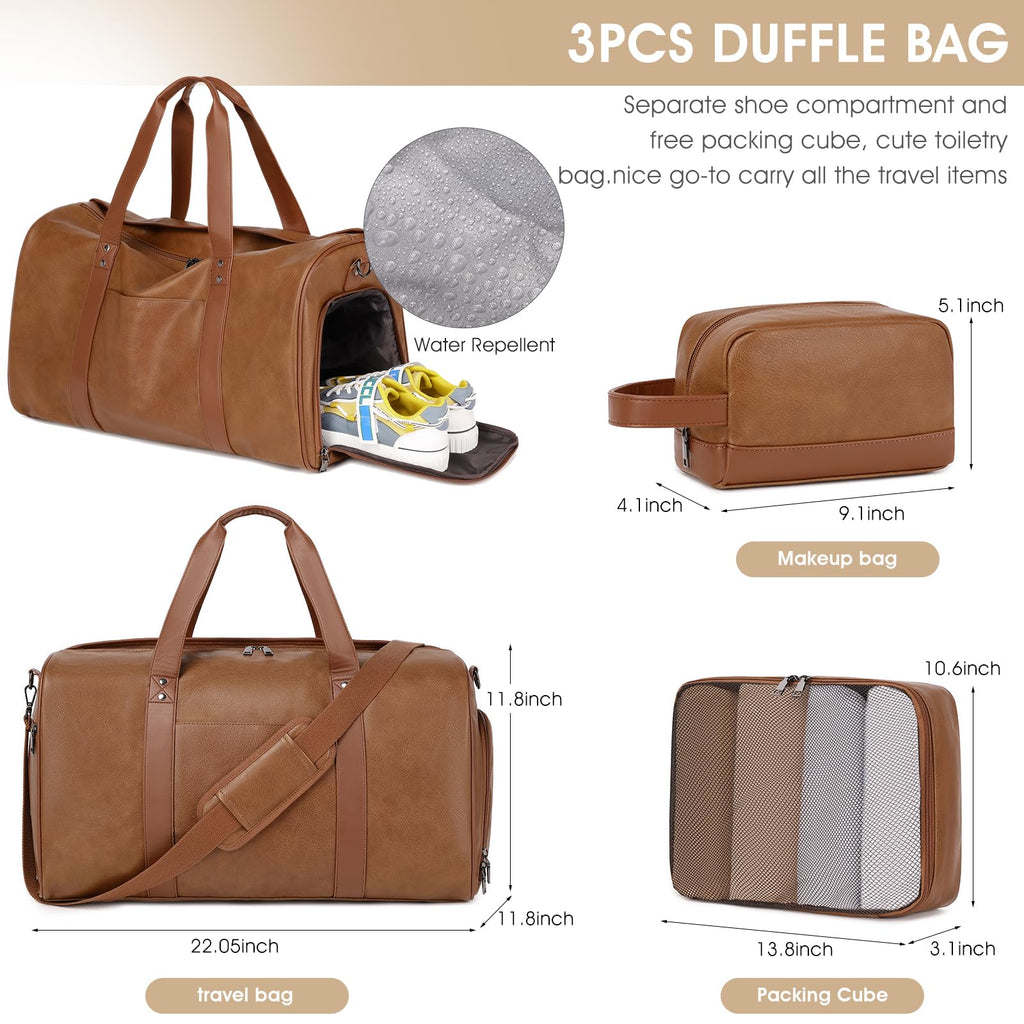 Wogarl 3PCS Faux Leather Weekender Bag for Women Men Large Overnight Bags Travel Duffel with Shoe Compartment Toiletry Packing Cube Carry On Tote Fit 21" Laptop(Light Brown)