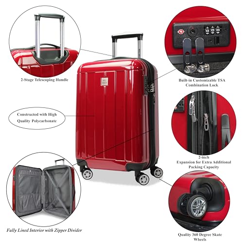 World Traveler Contour 20-Inch Carry-On Polycarbonate Hardside Expandable Spinner Luggage with TSA Lock - Red