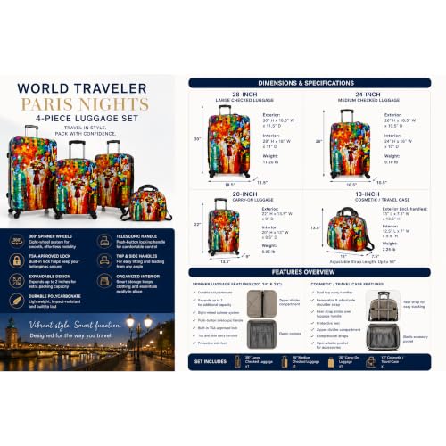 World Traveler Paris Nights 4-Piece Polycarbonate Spinner Luggage Set – Expandable Hardside Suitcases with TSA Lock, 20" Carry-On, 24" Medium, 28" Large Checked Luggage & 13" Travel Case