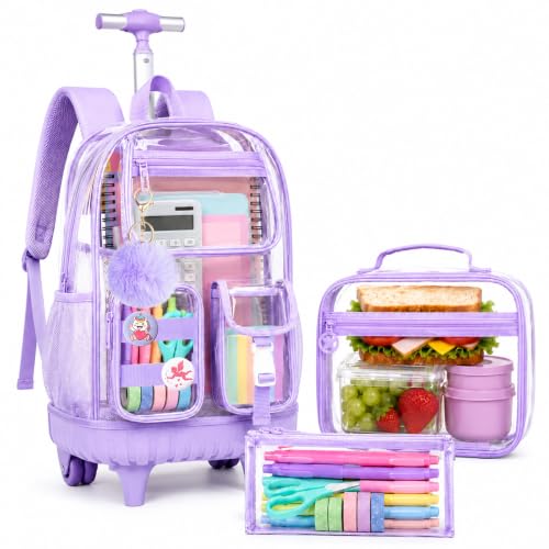 WZLVO Clear Backpack Rolling Backpack for Girls Women, Heavy Duty PVC Transparent Bookbag, See Through Wheeled Backpacks Set for Teens Elementary Travel - Purple