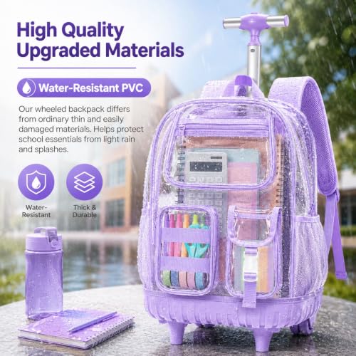 WZLVO Clear Backpack Rolling Backpack for Girls Women, Heavy Duty PVC Transparent Bookbag, See Through Wheeled Backpacks Set for Teens Elementary Travel - Purple