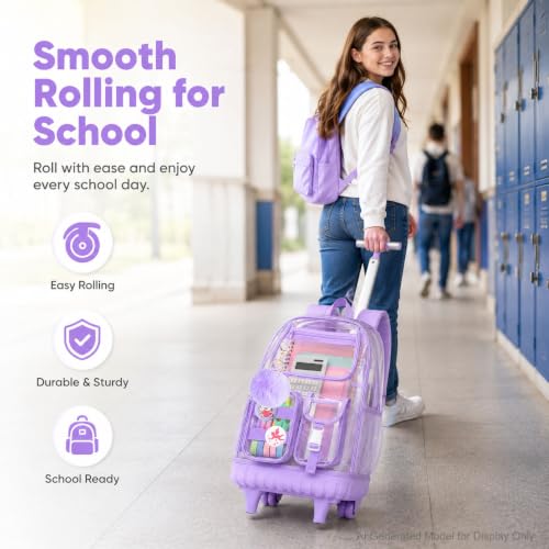 WZLVO Clear Backpack Rolling Backpack for Girls Women, Heavy Duty PVC Transparent Bookbag, See Through Wheeled Backpacks Set for Teens Elementary Travel - Purple