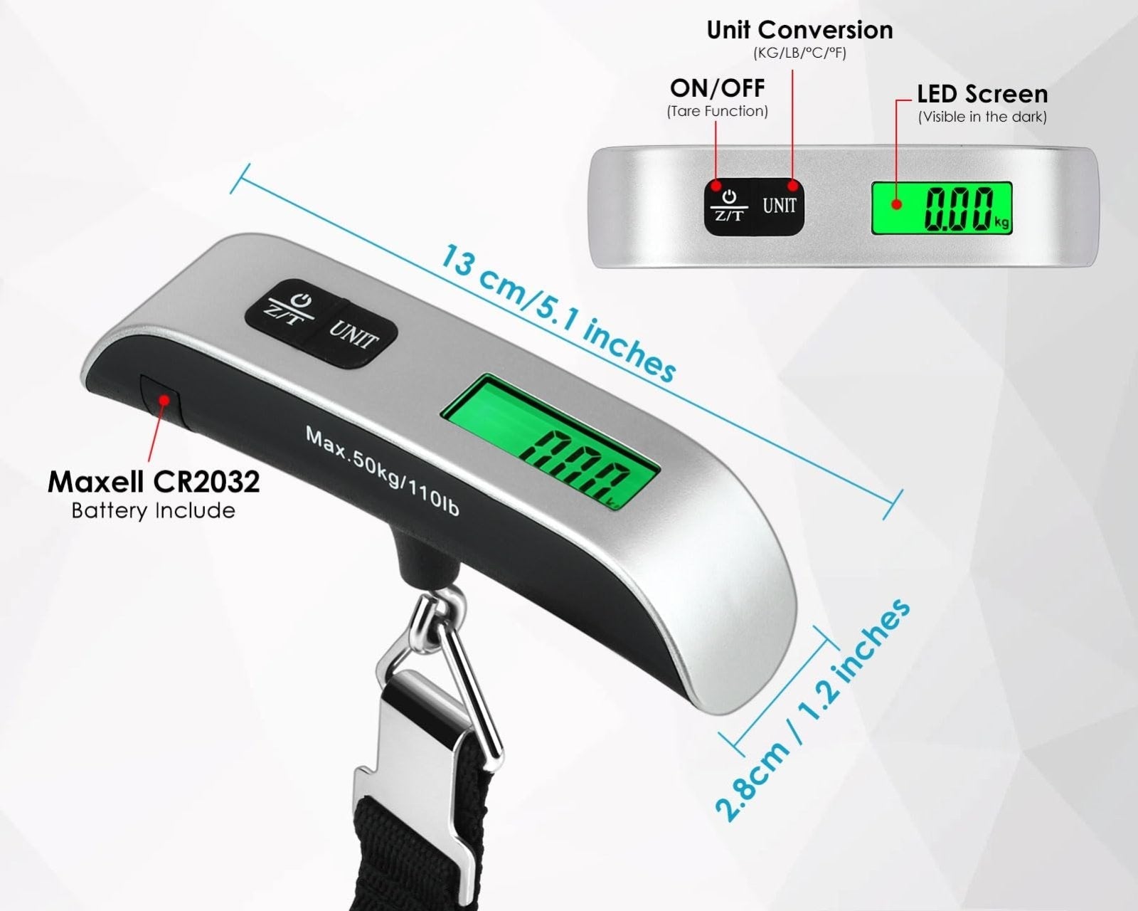 YCConcept Luggage Weight Scale Portable Digital Suitcase Scale for Travel Handheld Scale with Temperature Sensor, 110 lb/50 kg, Battery Included