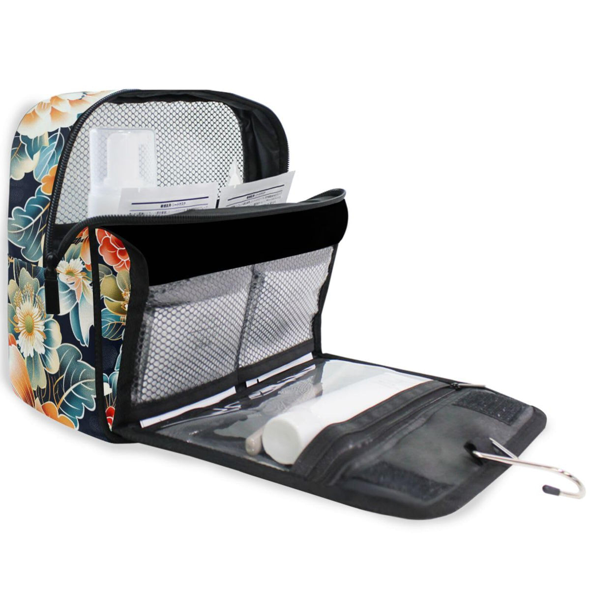Yoogain Japanese Water Lily Bloom travel cosmetic bags for women with hanging hook Large toiletry organizer Vertical Free - Standing