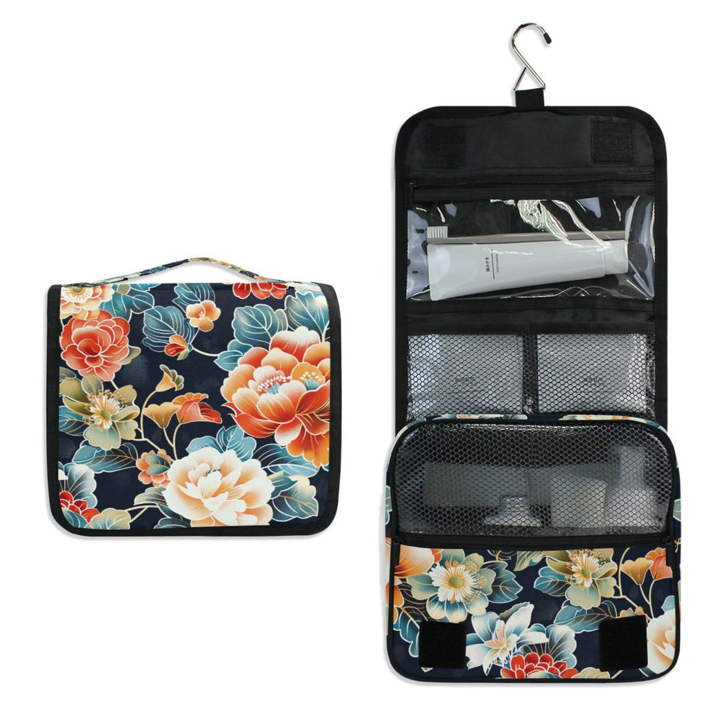 Yoogain Japanese Water Lily Bloom travel cosmetic bags for women with hanging hook Large toiletry organizer Vertical Free - Standing