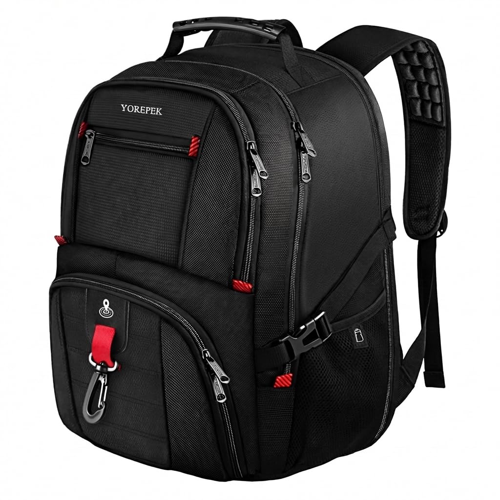YOREPEK Travel Backpack for Men Anti Theft, Slot Fit for Air Tag ＆ RFID Blocking, Airline Approved, Insulated Pocket, Water Resistant Backpack for Men Fit 17 inch Laptop, Black