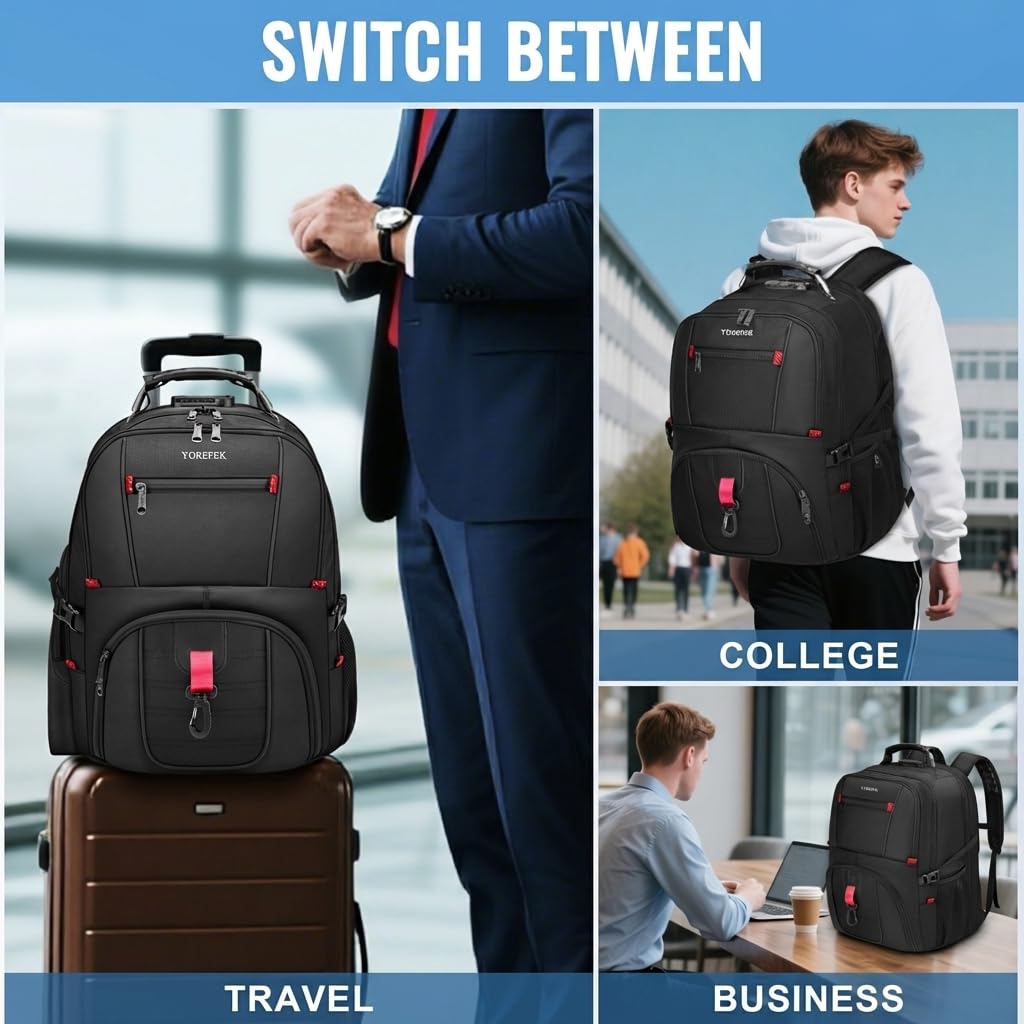 YOREPEK Travel Backpack for Men Anti Theft, Slot Fit for Air Tag ＆ RFID Blocking, Airline Approved, Insulated Pocket, Water Resistant Backpack for Men Fit 17 inch Laptop, Black