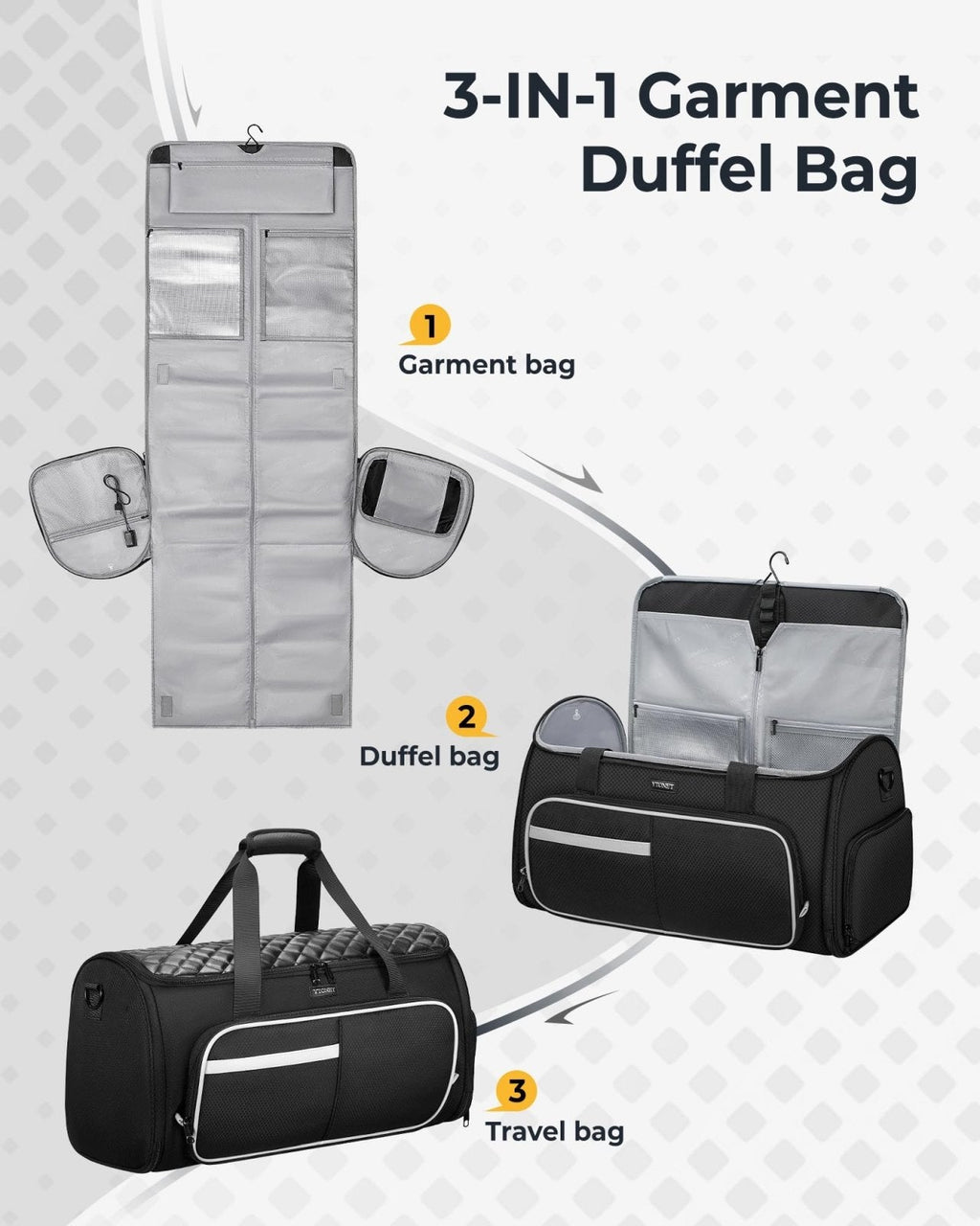 Ytonet Convertible Garment Bags for Travel, 50L Carry on Garment Duffle Bag for Men Women, 3 in 1 Suit Travel Bag Hanging Clothes for Business with Shoe Pocket, Waterproof Pocket, Black