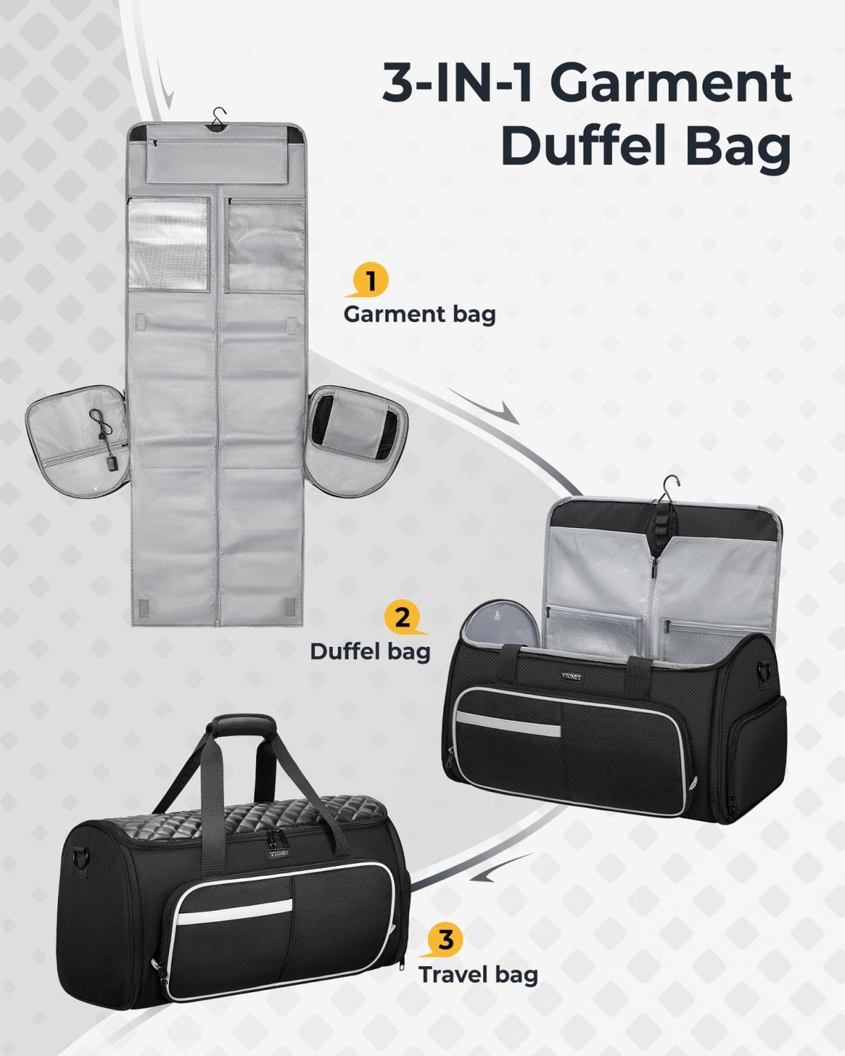 Ytonet Convertible Garment Bags for Travel, 50L Carry on Garment Duffle Bag for Men Women, 3 in 1 Suit Travel Bag Hanging Clothes for Business with Shoe Pocket, Waterproof Pocket, Black
