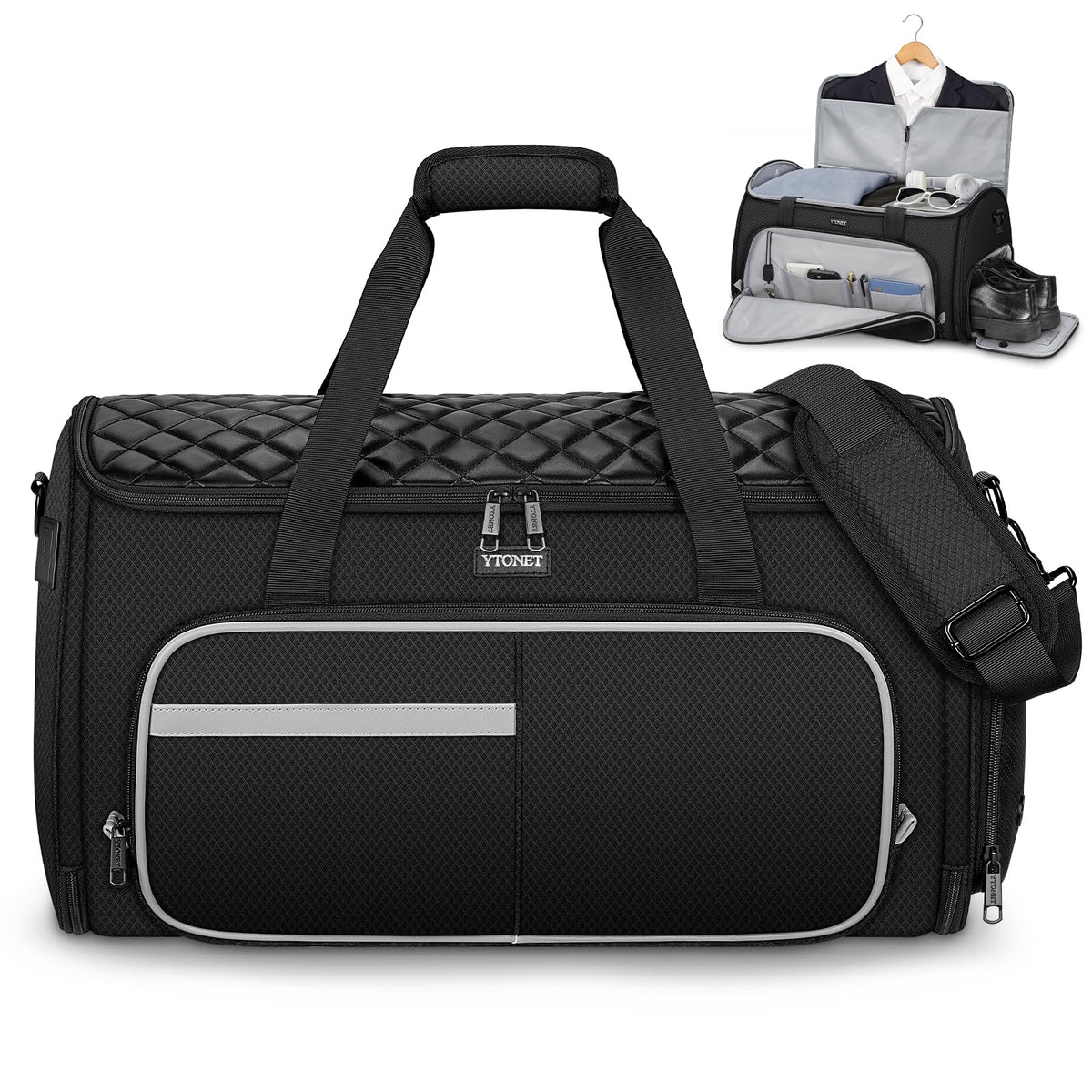 Ytonet Convertible Garment Bags for Travel, 50L Carry on Garment Duffle Bag for Men Women, 3 in 1 Suit Travel Bag Hanging Clothes for Business with Shoe Pocket, Waterproof Pocket, Black