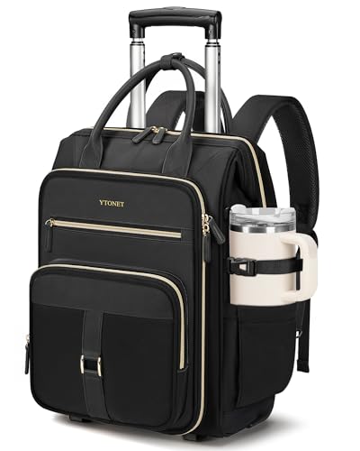 Ytonet Rolling Backpack for Women, 15.6 Inch Travel Backpack with Wheels, Stylish Rolling Laptop Bag with Passport Holder, Dual-Opening Design, Underseat Carry on Luggage for Work Teacher,Black