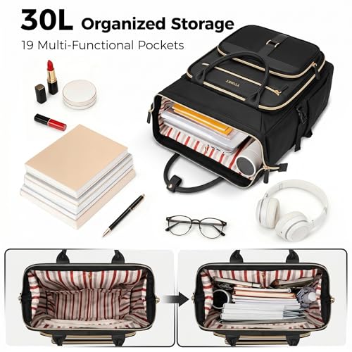 Ytonet Rolling Backpack for Women, 15.6 Inch Travel Backpack with Wheels, Stylish Rolling Laptop Bag with Passport Holder, Dual-Opening Design, Underseat Carry on Luggage for Work Teacher,Black