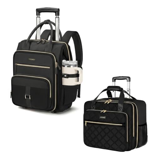 Ytonet Rolling Backpack for Women,15.6 Inch Travel Backpack with Wheels, Stylish Rolling Laptop Bag with Passport Holder, Dual-Opening Design, Underseat Carry on Luggage for Work College Teacher