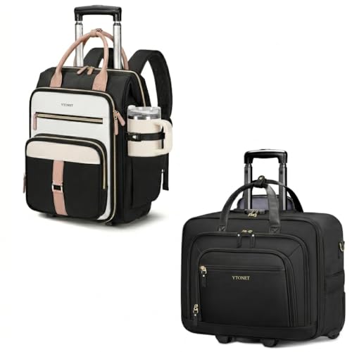 Ytonet Rolling Backpack for Women,15.6 Inch Travel Backpack with Wheels, Stylish Rolling Laptop Bag with Passport Holder, Dual-Opening Design, Underseat Carry on Luggage for Work College Teacher