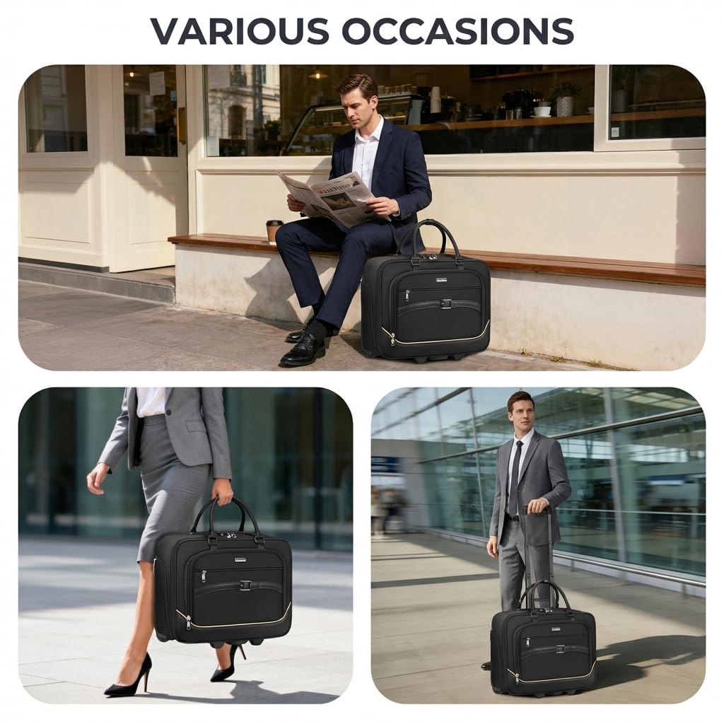 Ytonet Rolling Laptop Bag, 17.3 In Rolling Briefcase for Men Women with Accordion File Pockets, Anti Theft Laptop Bag with Wheels, Professional Roller Underseat Bag for Travel Work Teacher, Black