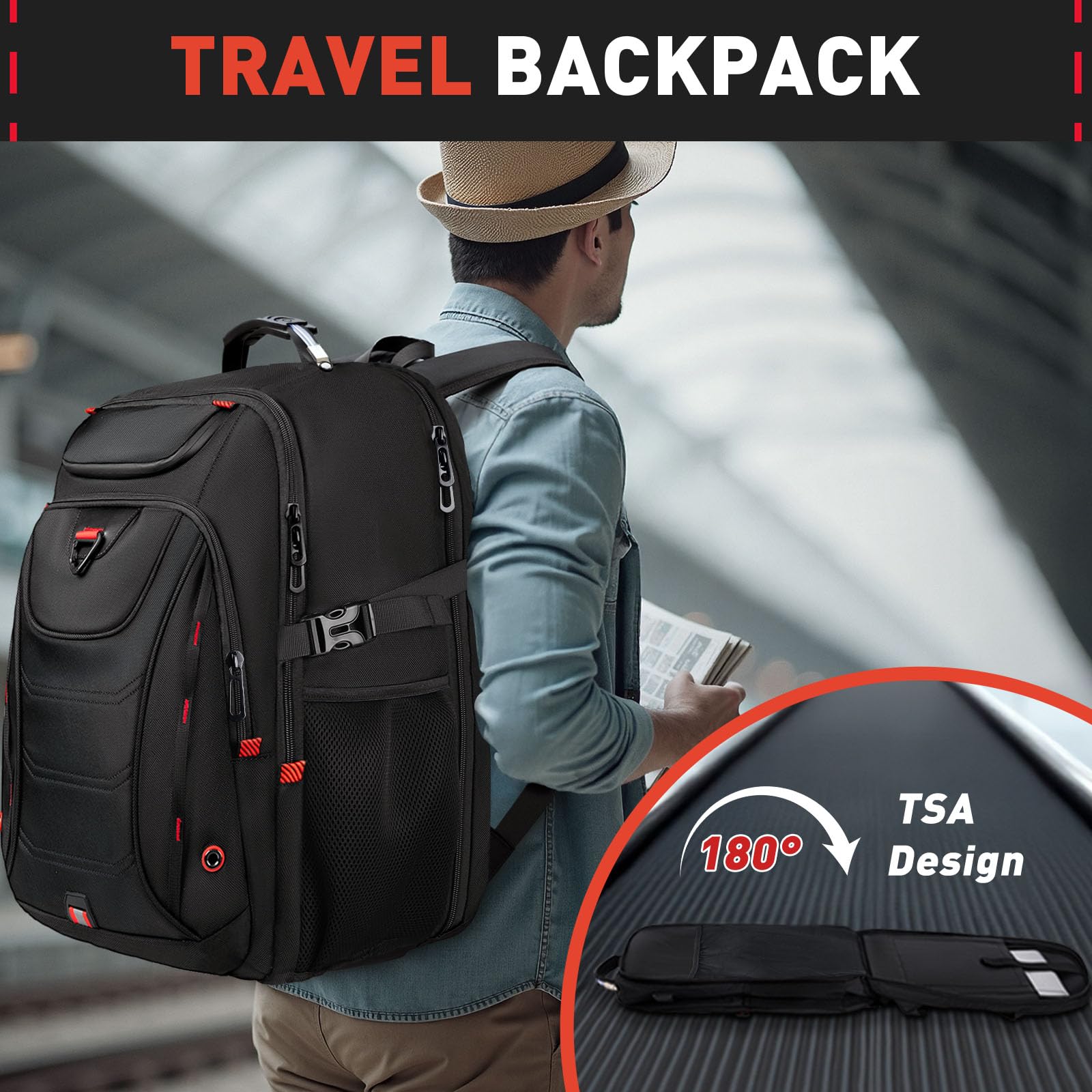 Z - MGKISS 55L Extra Large Travel Backpack, 18.4 Inch Laptop Backpack for Men, Water Resistant, TSA Flight Approved, Business Work Bag with USB Charging Port, Black