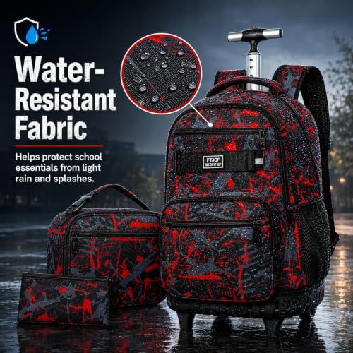 ZLYERT 3Pcs Rolling Backpack for Boys Men, Travel Wheeled Backpacks for Adults, Teens College Roller Bookbag with Wheels for Men(Red)