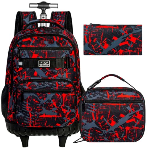 ZLYERT 3Pcs Rolling Backpack for Boys Men, Travel Wheeled Backpacks for Adults, Teens College Roller Bookbag with Wheels for Men(Red)